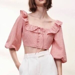 Zara Striped Crop Top Blouse Seersucker Balloon Sleeves Ruffle Size Small